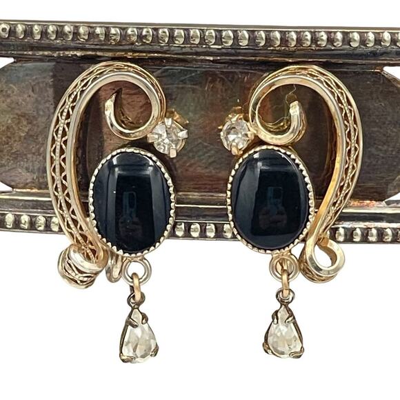 Antique Jewelry - Antique Victorian Black Onyx 12k GF Screwback Earrings 20s Estate Rhinestone 1"